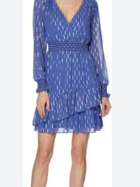 Laundry By Shelli Segal Blue V-Neck Long-Sleeve Tiered Mini Dress